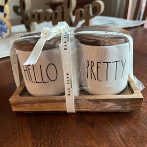 Brand New Rae Dunn “Hello Pretty” Set with Wooden Lids and Tray